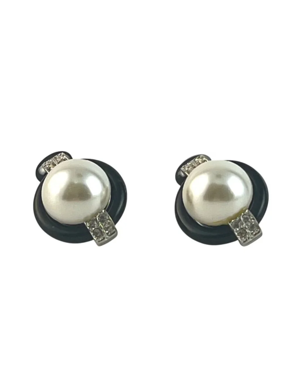 Vintage Kenneth Lane Clip-On Earrings, Faux Black Onyx & Pearls /Pave Rhinestone
